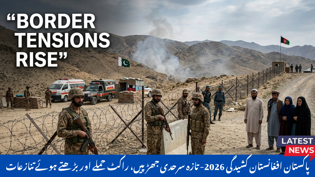 “Pakistan Afghanistan border tension with soldiers at checkpoint and worried civilians in mountainous area.”