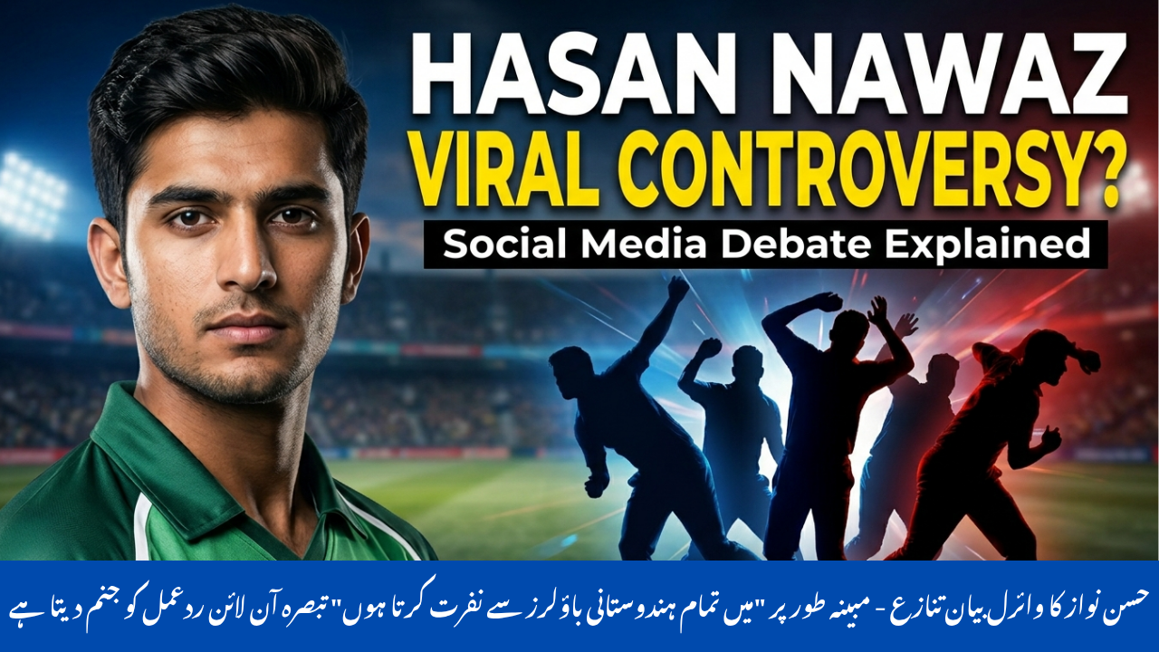 Hassan Nawaz cricket controversy thumbnail with stadium background and viral news style text