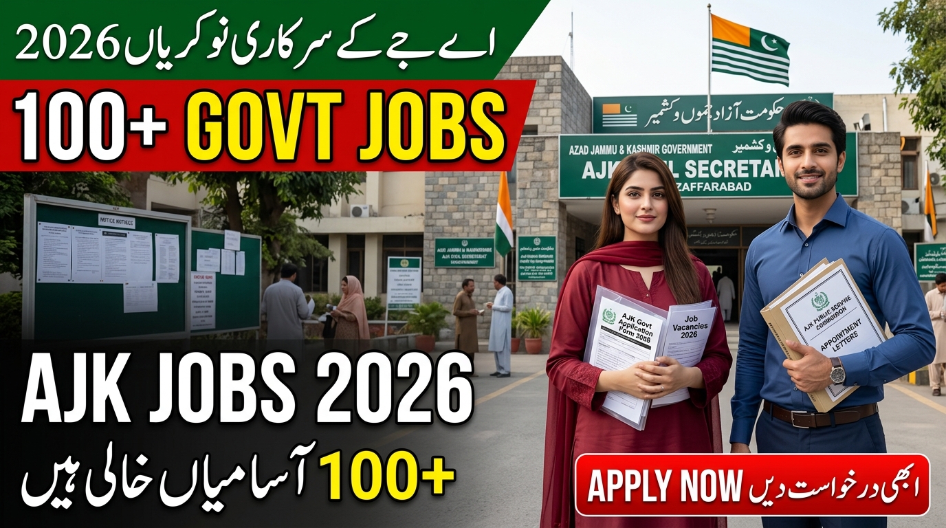 Realistic YouTube thumbnail showing Pakistani male and female job applicants holding documents in front of a government office building for AJK Government Jobs 2026, with bold text “100+ Govt Jobs” and “Apply Now”.