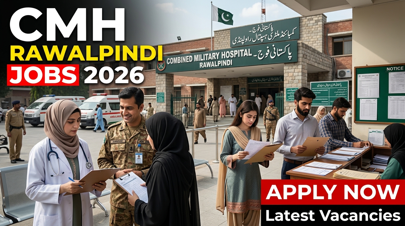 Realistic YouTube thumbnail showing CMH Rawalpindi hospital building with Pakistani doctors, nurses, and job applicants holding documents for CMH Rawalpindi Jobs 2026 recruitment announcement.