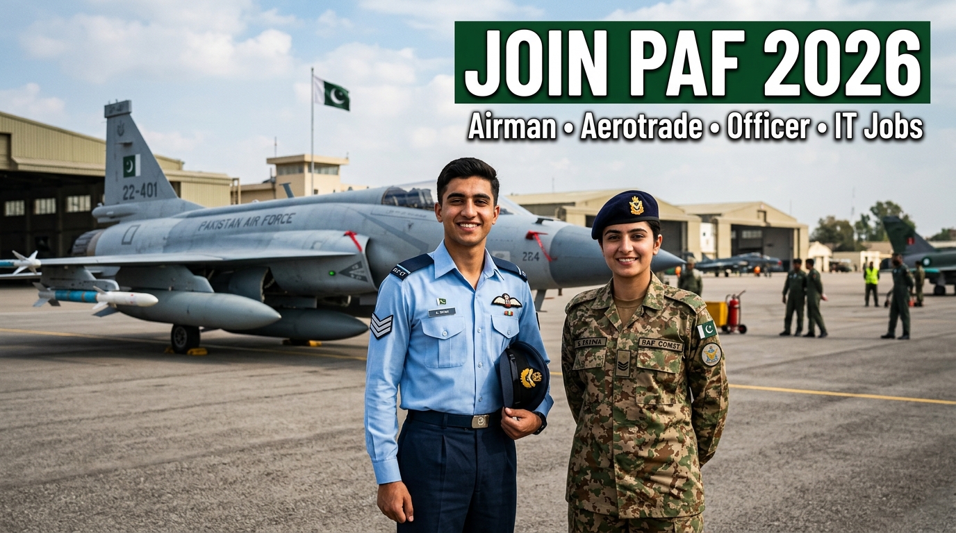 Join Pakistan Air Force PAF Jobs 2026 thumbnail featuring real Pakistani Airman, Aerotrade staff, Commissioned Officer cadets, and IT Engineering professionals in authentic Pakistan Air Force uniforms standing near fighter aircraft at a military airbase with recruitment text about online registration, eligibility, salary, and career opportunities in Pakistan Air Force.