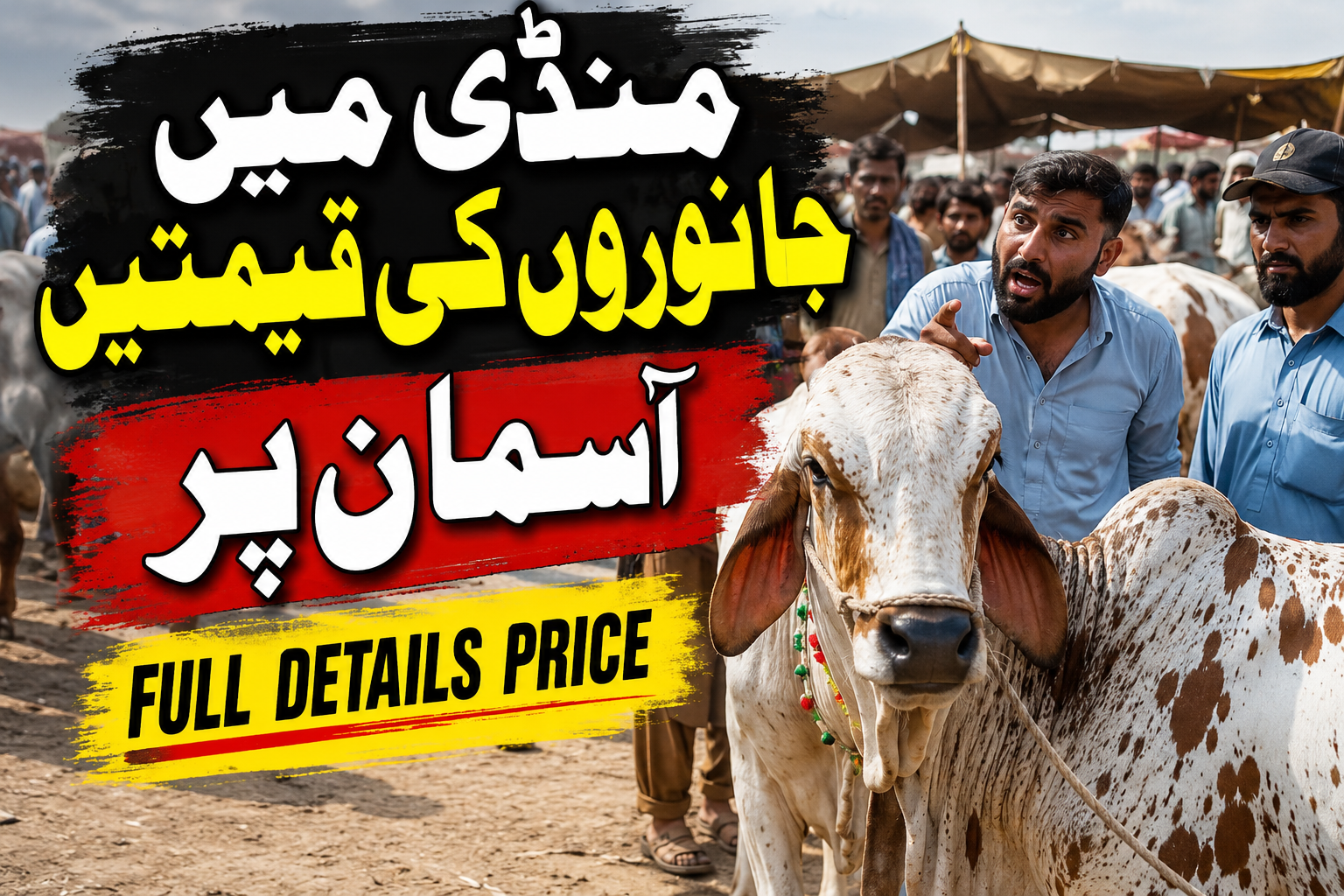 , Pakistan during Eid ul Adha season, with a large cow in the foreground and a man inspecting it while a crowd of buyers and sellers stands in the background. Bold Urdu text on the image reads that animal prices in the mandi are extremely high, along with a label saying “full details price,” creating a dramatic and attention-grabbing market scene.