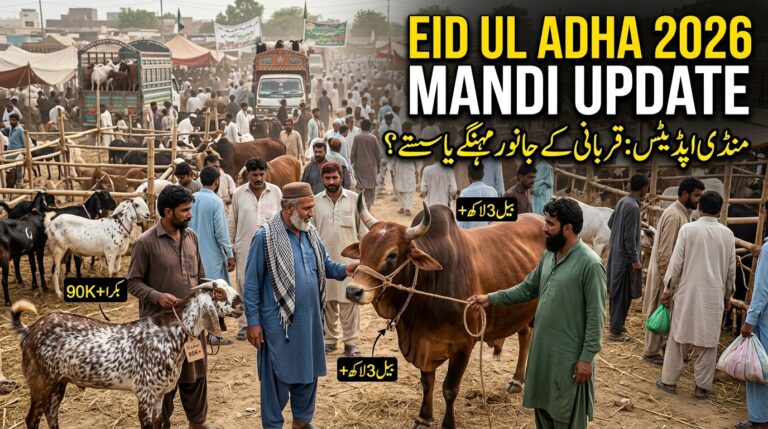 Eid ul Adha 2026 mandi updates in Pakistan showing a realistic bakra mandi with Pakistani buyers, goats, cows, and bulls, latest Qurbani animal prices, Sargodha cattle market, Karachi Super Highway mandi, Lahore bakra rates today, and Eid ul Adha 2026 livestock market trends.
