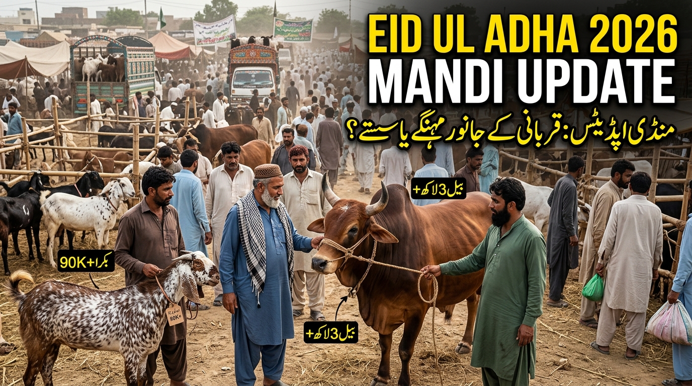 Eid ul Adha 2026 mandi updates in Pakistan showing a realistic bakra mandi with Pakistani buyers, goats, cows, and bulls, latest Qurbani animal prices, Sargodha cattle market, Karachi Super Highway mandi, Lahore bakra rates today, and Eid ul Adha 2026 livestock market trends.