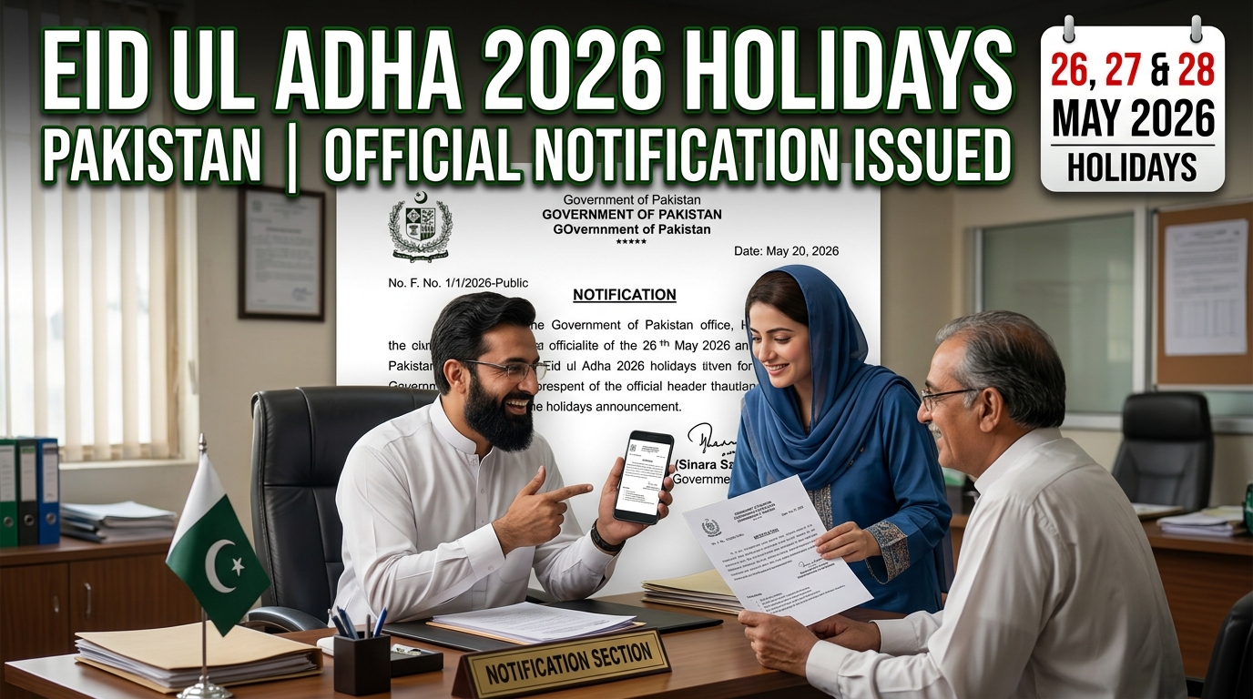 Alt Text: Official Government of Pakistan notification announcing Eid ul Adha Holidays 2026 Pakistan for 26, 27, and 28 May 2026, featuring public holiday dates, Cabinet Division document, and realistic Pakistani people reacting to the announcement in a professional news-style YouTube thumbnail.