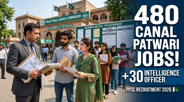 “Cinematic realistic image of young Pakistani men and women standing outside a government recruitment office holding application forms and documents, representing Canal Patwari Jobs 2026 and Intelligence Officer vacancies announcement”