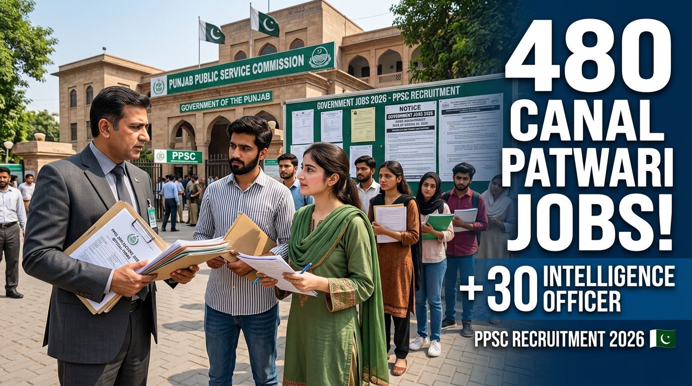 “Cinematic realistic image of young Pakistani men and women standing outside a government recruitment office holding application forms and documents, representing Canal Patwari Jobs 2026 and Intelligence Officer vacancies announcement”