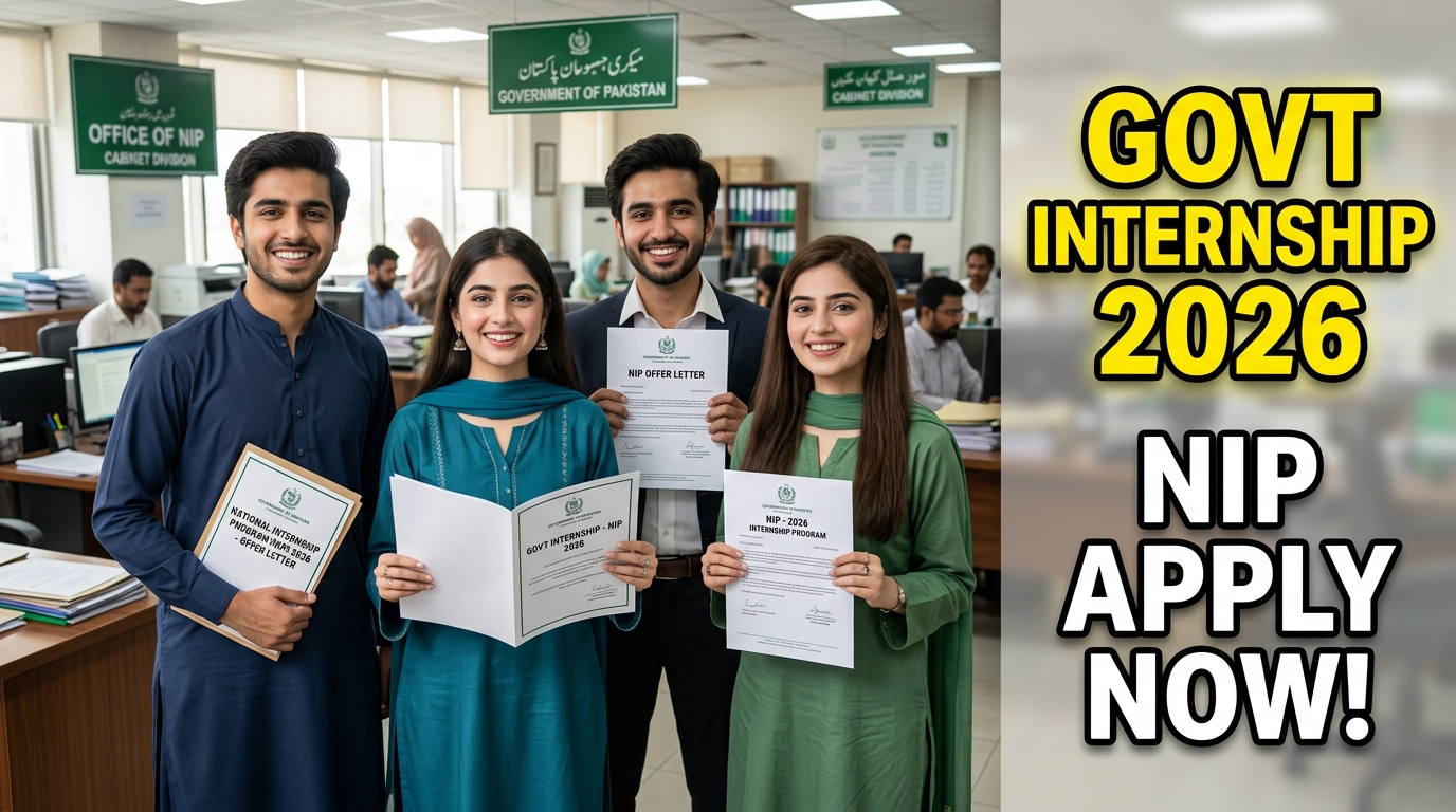 Realistic thumbnail showing Pakistani fresh graduates in a government office environment celebrating National Internship Program 2026 with bold text “Govt Internship 2026 NIP Apply Now”.
