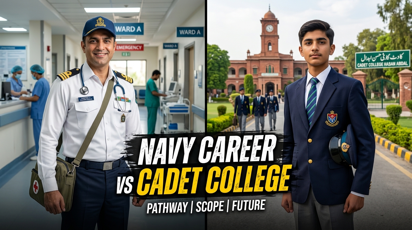 A realistic split-scene YouTube thumbnail showing a Pakistani Navy medical officer in uniform inside a modern hospital on one side and a cadet college student in uniform standing in front of a cadet college campus on the other side, with bold center text “NAVY CAREER vs CADET COLLEGE,” cinematic lighting, professional career comparison theme.