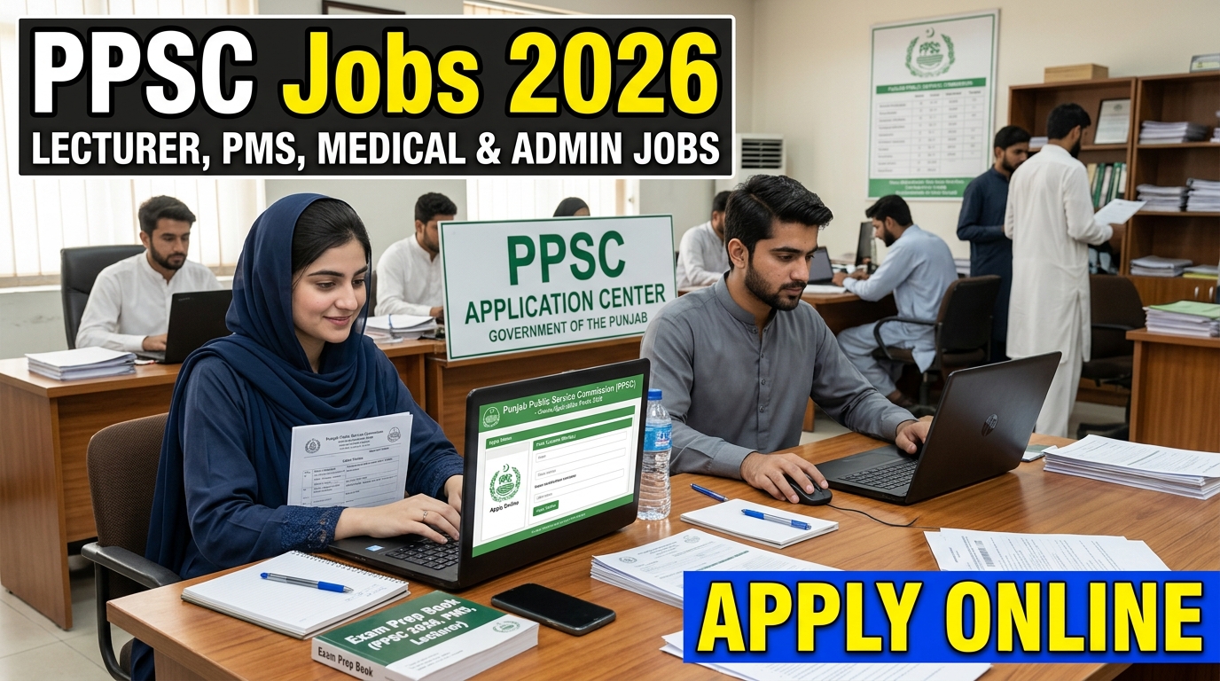 A realistic YouTube thumbnail showing Pakistani male and female students applying online for PPSC Jobs 2026 using laptops in a professional study environment. The thumbnail includes bold text about lecturer, PMS, medical, and admin jobs with an authentic government job preparation atmosphere.