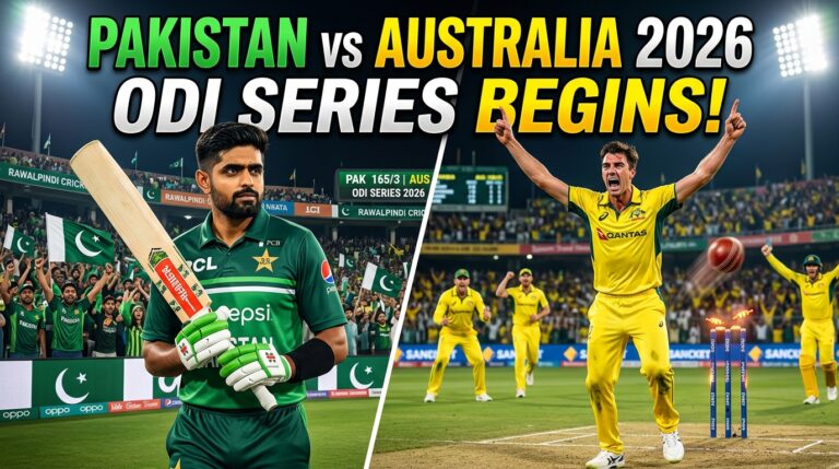 Pakistan and Australia cricket players in ODI kits at Rawalpindi Cricket Stadium during the Pakistan vs Australia ODI Series 2026, with stadium lights, cheering crowd, cricket action, and bold sports news text.