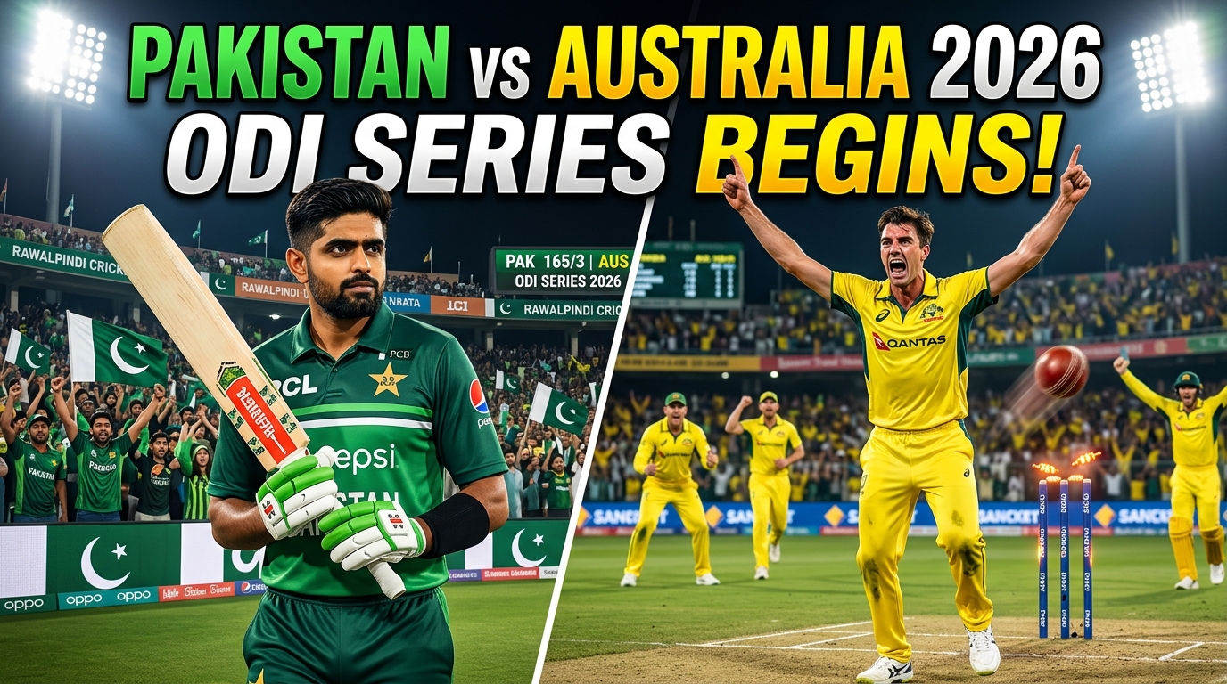 Pakistan and Australia cricket players in ODI kits at Rawalpindi Cricket Stadium during the Pakistan vs Australia ODI Series 2026, with stadium lights, cheering crowd, cricket action, and bold sports news text.