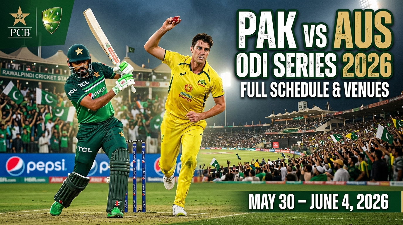 Realistic YouTube thumbnail showing Pakistan and Australia cricket players in official ODI uniforms inside a packed cricket stadium during the Pakistan vs Australia ODI Series 2026. The background features Rawalpindi Cricket Stadium and Gaddafi Stadium Lahore with bright floodlights and cheering fans. Bold text reads “PAK vs AUS ODI Series 2026” with “Full Schedule & Venues” and match dates “May 30 – June 4, 2026”. The design uses green and gold sports-themed colors with a professional cricket broadcast style.