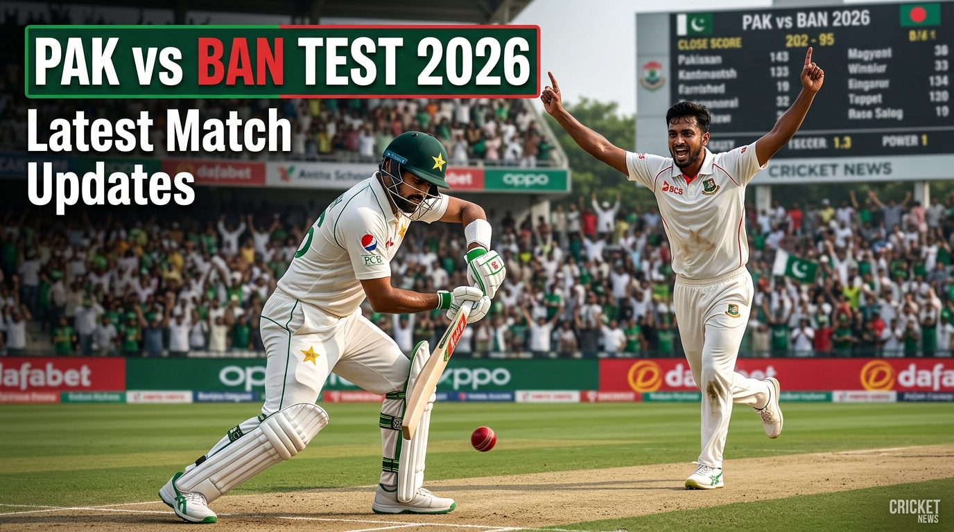Pakistan vs Bangladesh Test cricket match showing Pakistani batsman playing a defensive shot against a fast bowler, with a packed stadium background and bold text reading ‘PAK vs BAN TEST 2026 Latest Match Updates’ in a professional sports news style.”