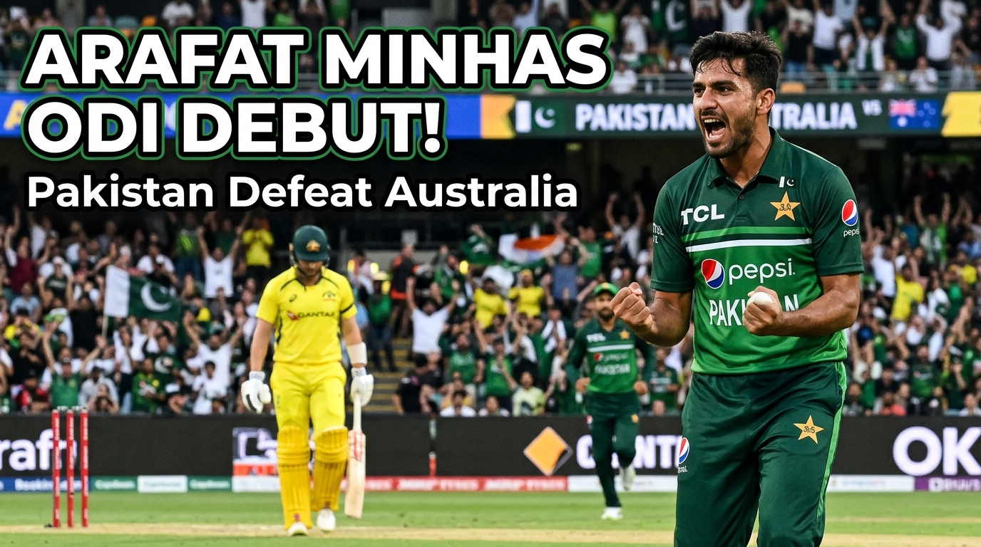 "Arafat Minhas celebrating during his ODI debut for Pakistan against Australia, wearing Pakistan's green cricket jersey, with cricket stumps and a packed stadium in the background as Pakistan secures victory in the opening ODI match."