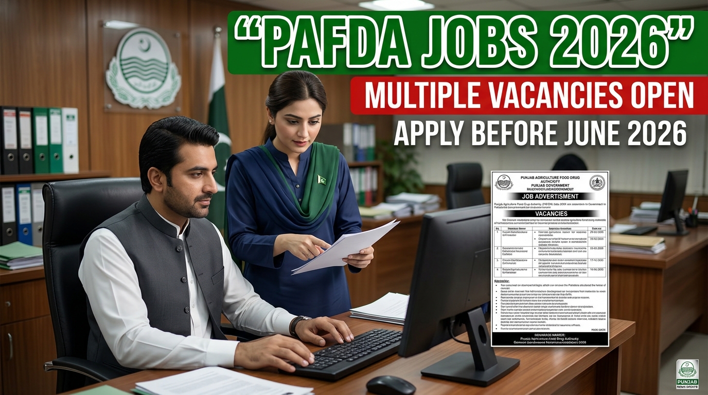 Realistic YouTube thumbnail showing Pakistani men and women in a professional government office reviewing job application documents and working on computers. The thumbnail features bold text “PAFDA Jobs 2026”, “Multiple Vacancies Open”, and “Apply Before June 2026” with official-style red, green, and white colors. Background includes an authentic Punjab government office environment with hiring notices, files, and modern office desks, creating a trustworthy government jobs announcement look.
