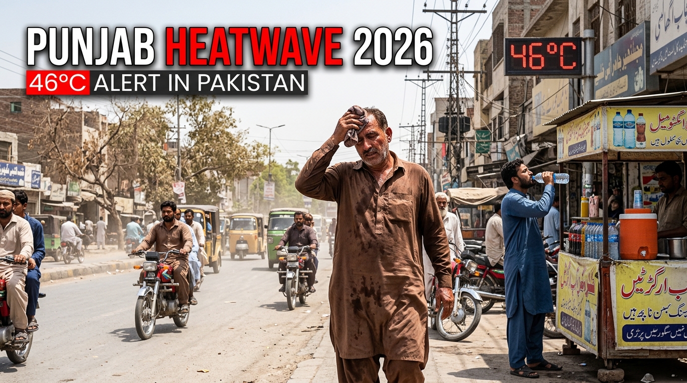 Punjab Heatwave 2026 thumbnail showing real Pakistani people in extreme summer heat with a 46°C temperature display, bright sunlight, and a busy Punjab street during dangerous weather conditions.