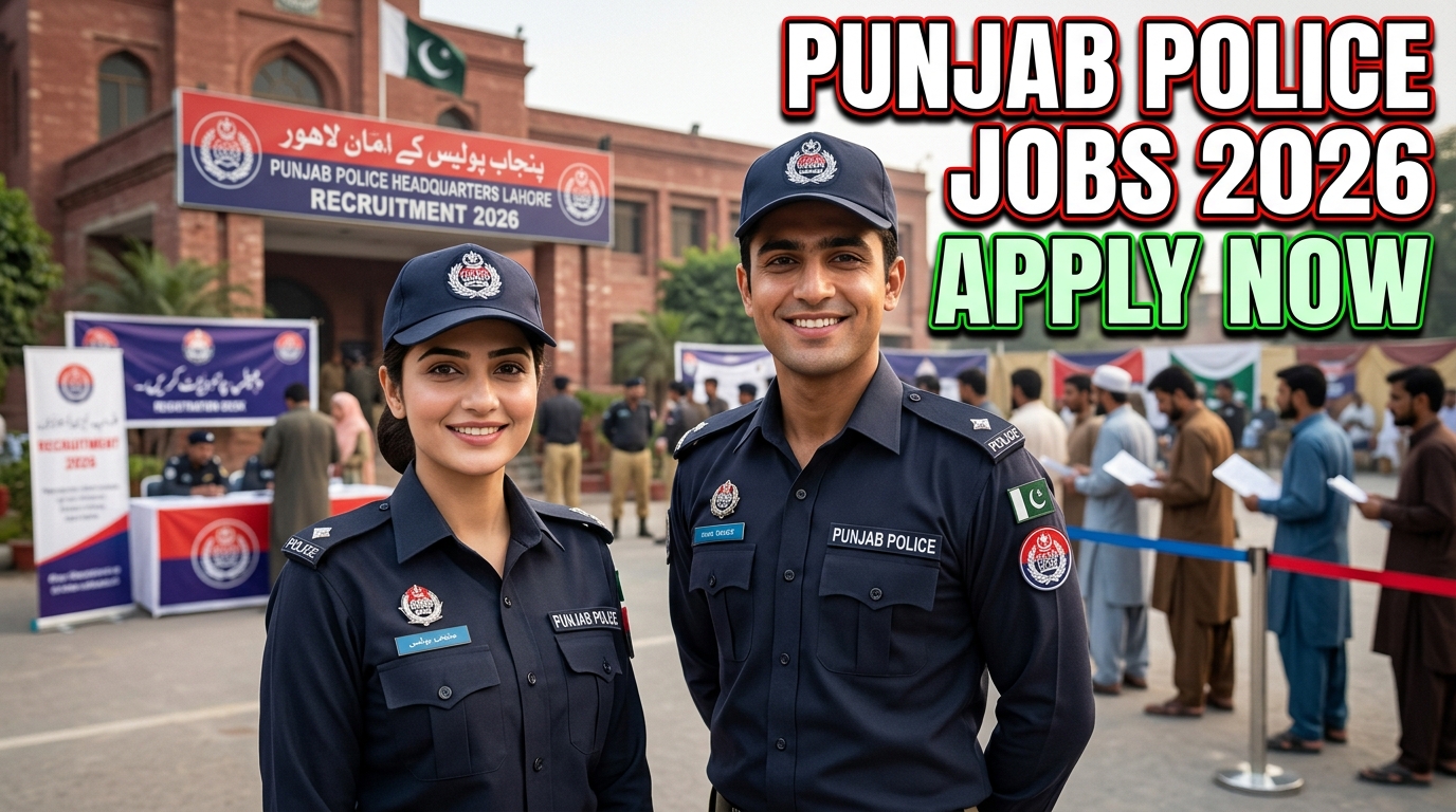 Punjab Police Jobs 2026 recruitment thumbnail showing male and female candidates in uniform standing outside police station in Pakistan
