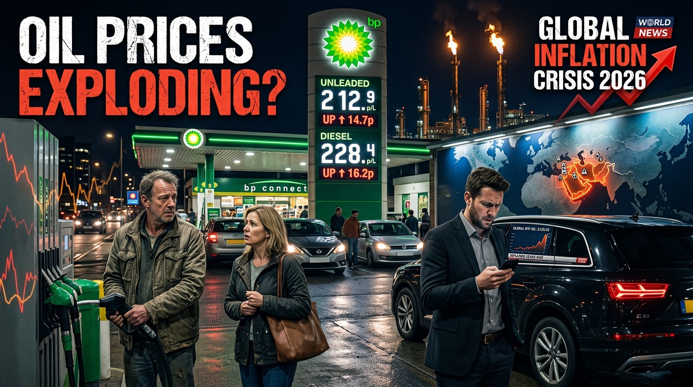Realistic YouTube thumbnail showing rising oil prices and global inflation fears, with worried people at a petrol station, increasing fuel prices on a digital board, an oil refinery in the background, and financial charts highlighting economic uncertainty in 2026.