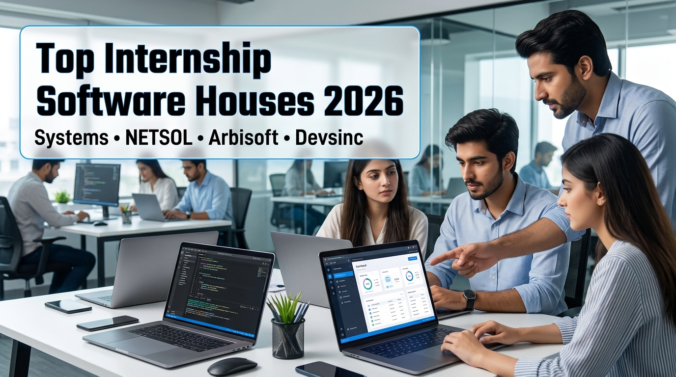 Best software houses offering internships in Pakistan 2026 with software engineering internship opportunities for computer science students at Systems Limited, NETSOL Technologies, Arbisoft, Devsinc, Contour Software, and 10Pearls Pakistan in professional IT company office environment.