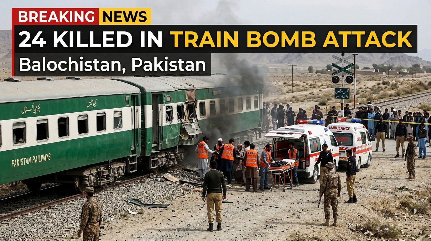 Realistic news-style image showing emergency responders and security personnel near a damaged passenger train after a suicide car bomb attack in Quetta, Balochistan, Pakistan. Smoke rises from the railway area while rescue teams assist injured people and ambulances arrive at the scene.