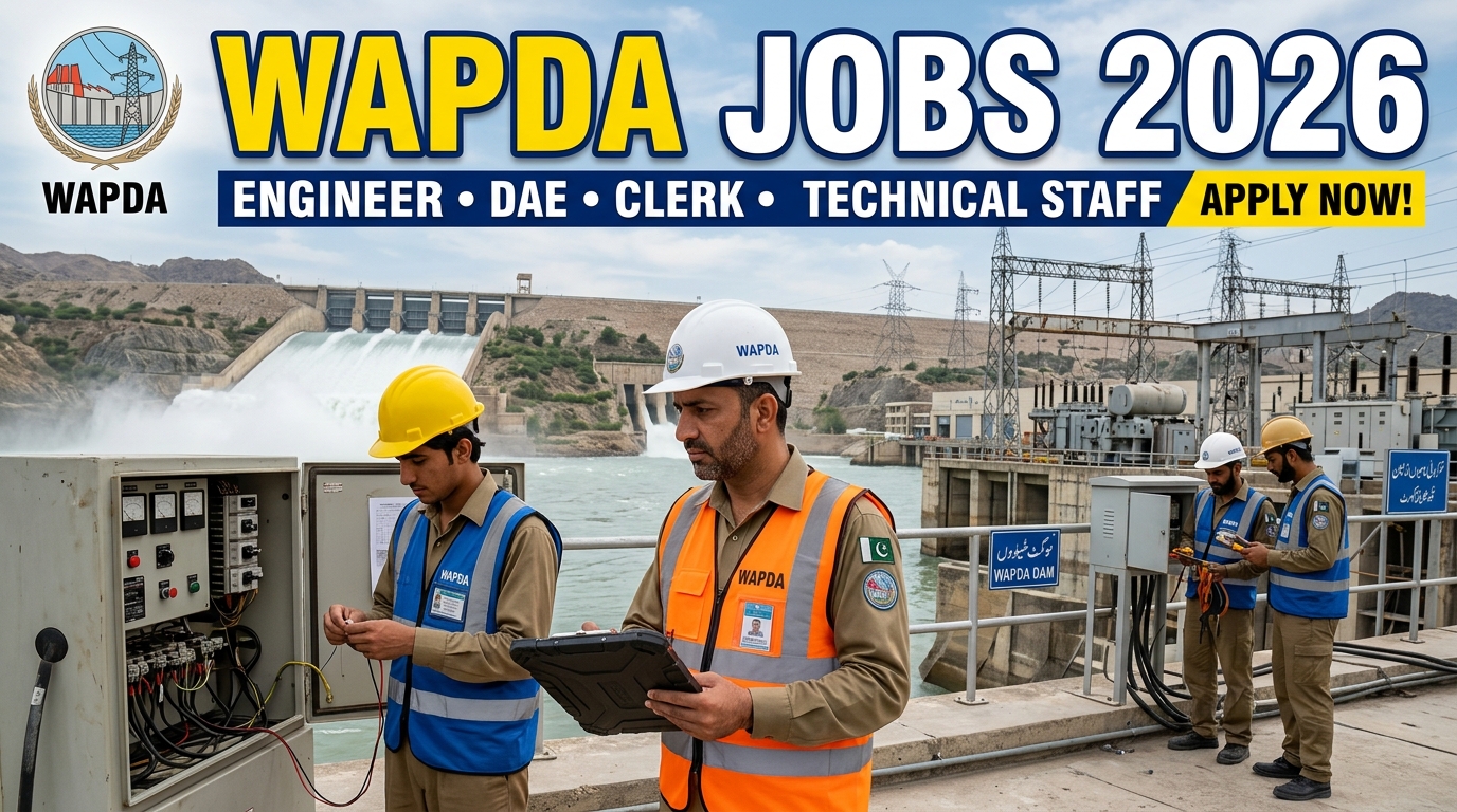 WAPDA engineers and technical staff inspecting hydroelectric power station with job announcement text WAPDA Jobs 2026 in Pakistan
