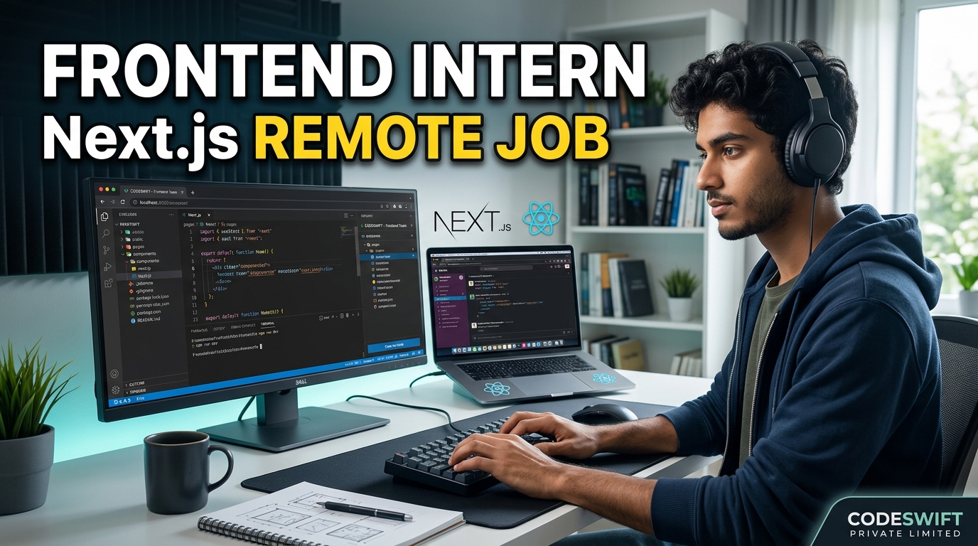 Frontend Intern Next.js Remote job thumbnail with a real developer working on coding projects in a modern workspace.