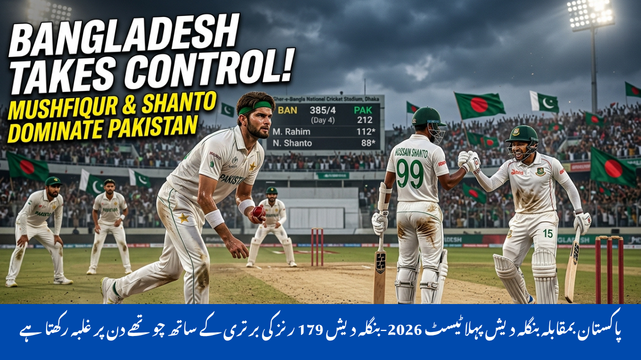 “Ultra-realistic Test cricket scene at Dhaka stadium showing Pakistan and Bangladesh players in white kits. Pakistan team appears tense on the left with Shaheen Afridi bowling, while Bangladesh players on the right, including Najmul Hossain Shanto and Mushfiqur Rahim, look confident and in control. Dramatic evening lighting, turning pitch, and crowded stadium with flags in the background, representing Bangladesh dominating the match.”