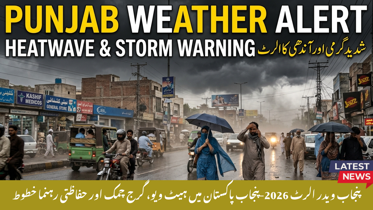 Realistic YouTube thumbnail showing severe weather conditions in Punjab Pakistan with dark storm clouds, dust storm winds, and intense summer heat on a busy city street. Real Pakistani people are covering their faces, holding umbrellas, and reacting naturally to the weather. Vehicles, electric poles, roadside shops, and urban surroundings create an authentic scene. Bold text reads “Punjab Weather Alert” and “Heatwave & Storm Warning” in a professional news-style design.