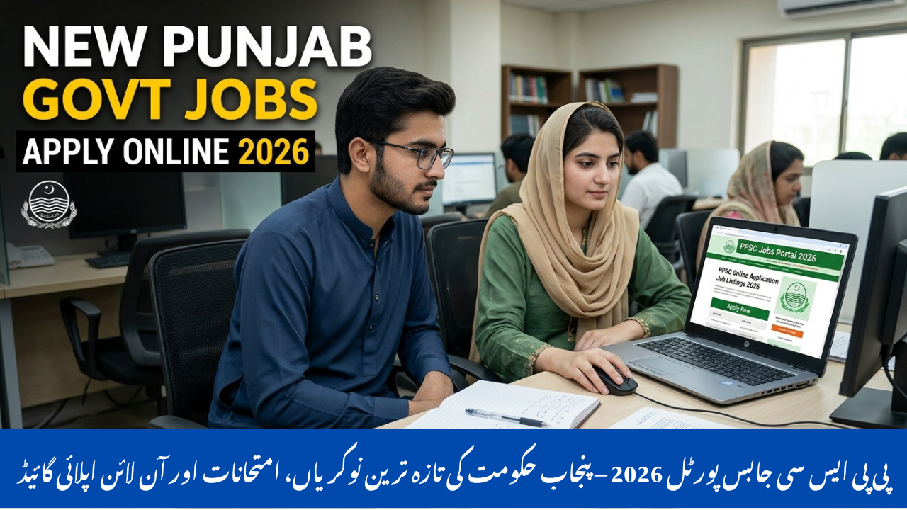 “Realistic scene of Pakistani male and female candidates applying for PPSC Jobs 2026 on a laptop in a modern office, with ‘New Punjab Govt Jobs Apply Online 2026’ text on screen.”