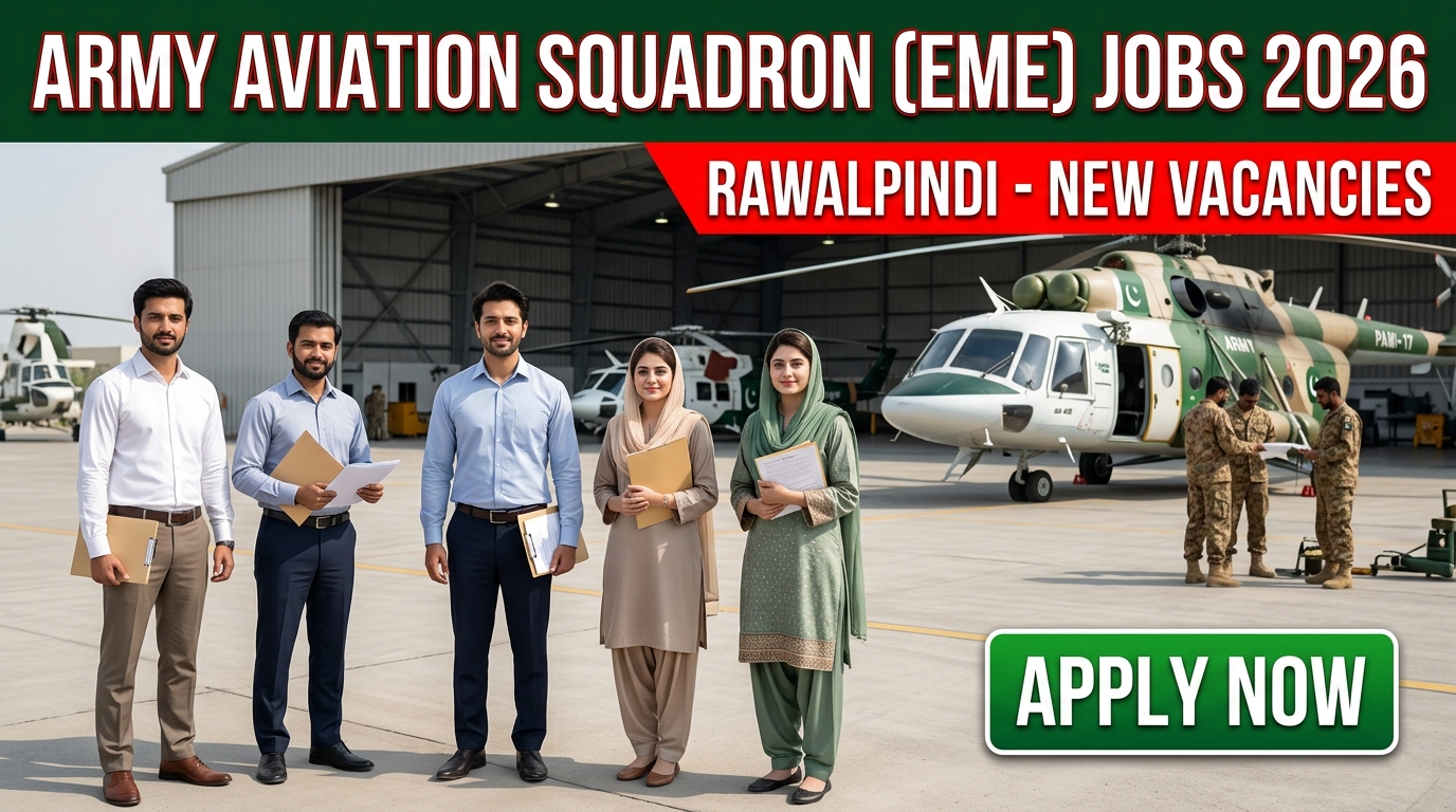 Realistic YouTube thumbnail showing Pakistani job seekers standing near military helicopters and aviation maintenance facilities at Army Aviation Squadron (EME) Rawalpindi. Bold text reads “Army Aviation Squadron Jobs 2026,” “New Vacancies,” and “Apply Now.” Professional government job announcement design with authentic aviation infrastructure, natural lighting, and a trustworthy recruitment theme.