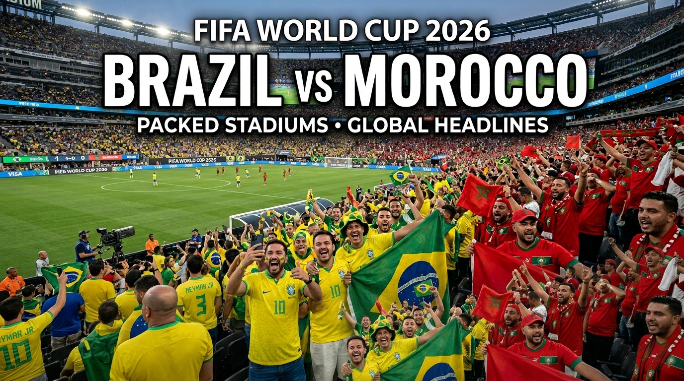 FIFA World Cup 2026 Brazil vs Morocco match at a packed USA stadium with Brazil and Morocco fans waving flags, cheering in the stands, and creating an electric football atmosphere during one of the tournament's most anticipated World Cup games.