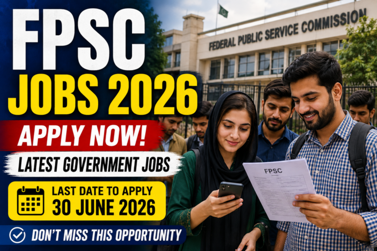 Realistic FPSC Jobs 2026 YouTube thumbnail showing Pakistani job seekers holding application papers and checking a mobile job portal outside a government building, with bold text “FPSC JOBS 2026”, “APPLY NOW”, and “LATEST GOVERNMENT JOBS”.