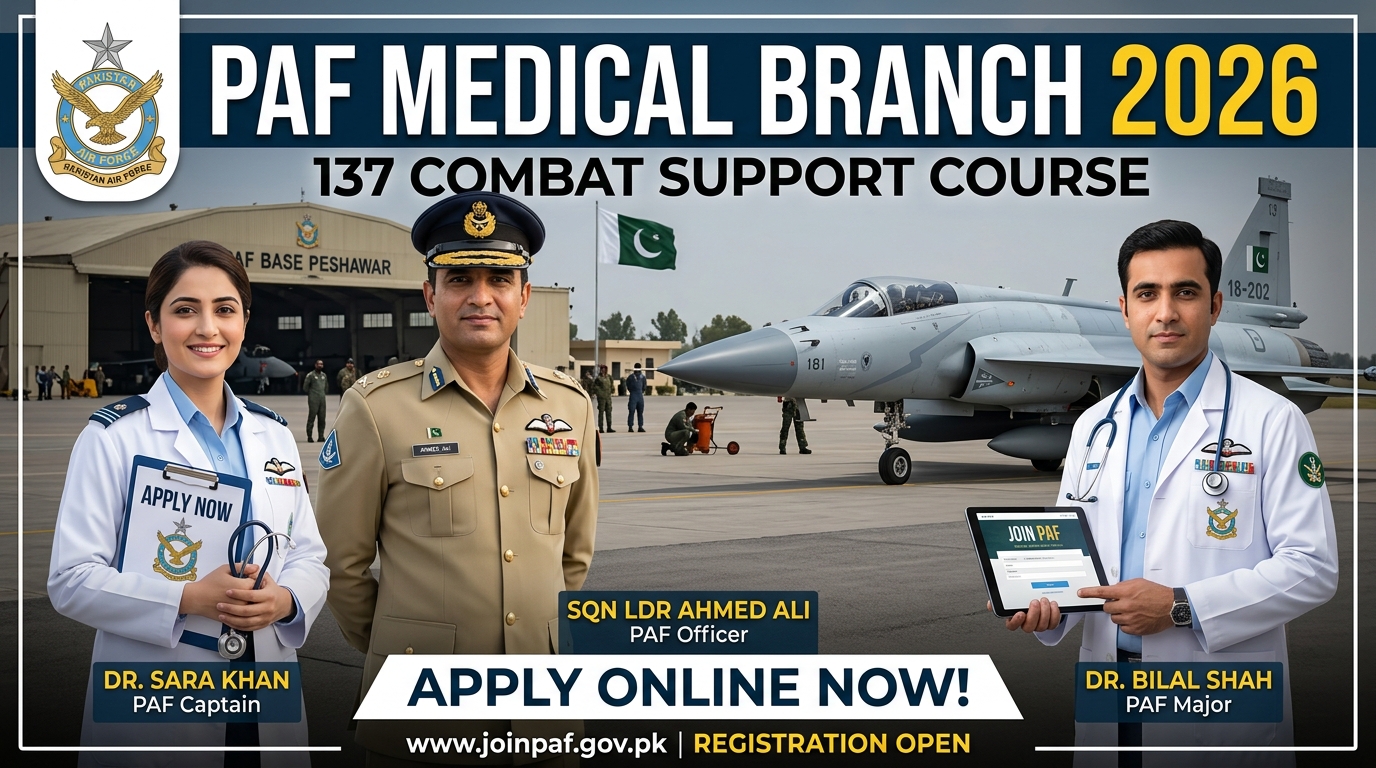 "Pakistan Air Force PAF Medical Branch 137 Combat Support Course 2026 recruitment thumbnail featuring a male doctor, female doctor, and PAF officer standing at an airbase with a military aircraft in the background, highlighting online registration for Commissioned Officer Medical Branch jobs in Pakistan Air Force 2026."