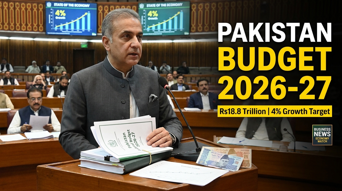 Pakistan Federal Budget 2026-27 presentation in parliament showing budget documents, economic charts, Rs18.8 trillion budget allocation, 4% growth target, and Pakistan's economic outlook.