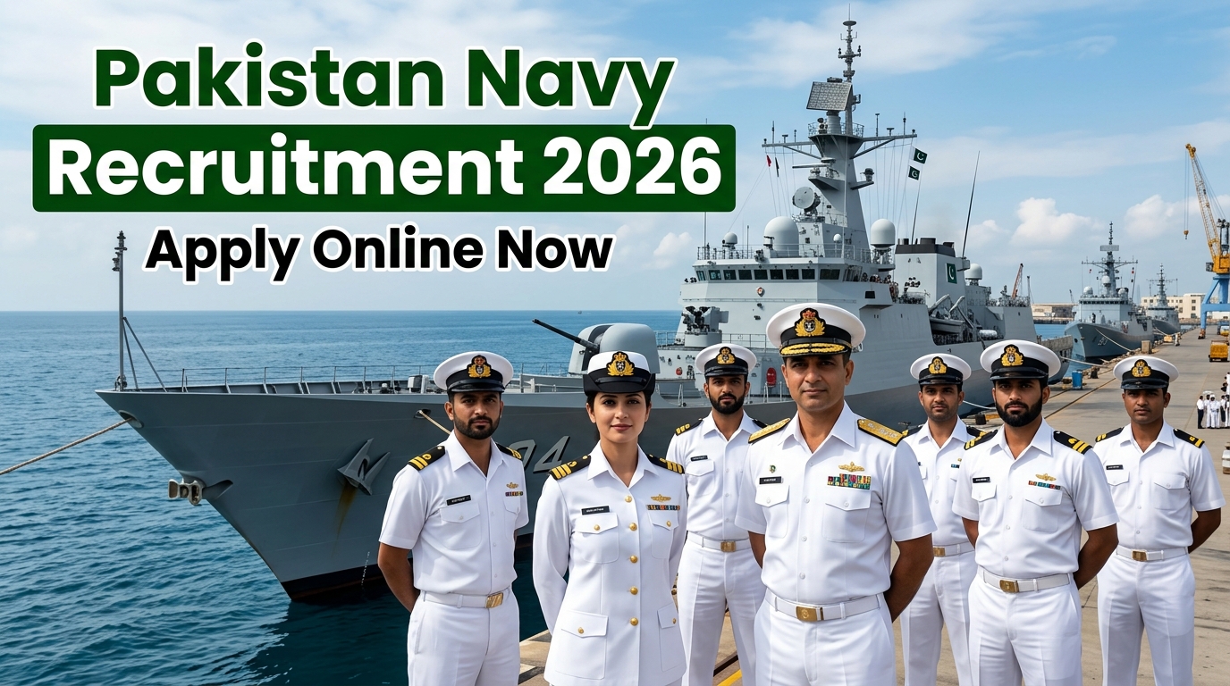 Pakistan Navy Recruitment 2026 thumbnail featuring real Pakistan Navy officers and sailors in official naval uniforms standing at a naval base with a modern warship in the background, highlighting online applications for technical, sailor, and officer jobs in Pakistan Navy.