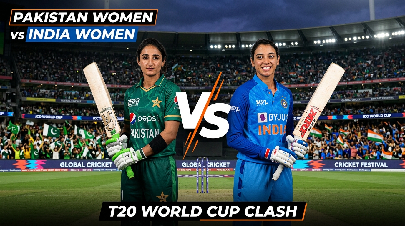 "Pakistan Women and India Women cricket players standing face-to-face in a packed cricket stadium before an ICC Women's T20 World Cup match, with a large VS graphic between them and floodlights illuminating the field."