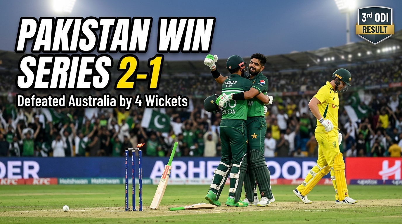 Pakistan cricket players celebrate after defeating Australia by 4 wickets in the third ODI and winning the ODI series 2-1. Australian players stand on the field as a packed cricket stadium and match atmosphere are visible in the background. Professional sports news thumbnail featuring a realistic cricket match scene with the headline "Pakistan Win Series 2-1".