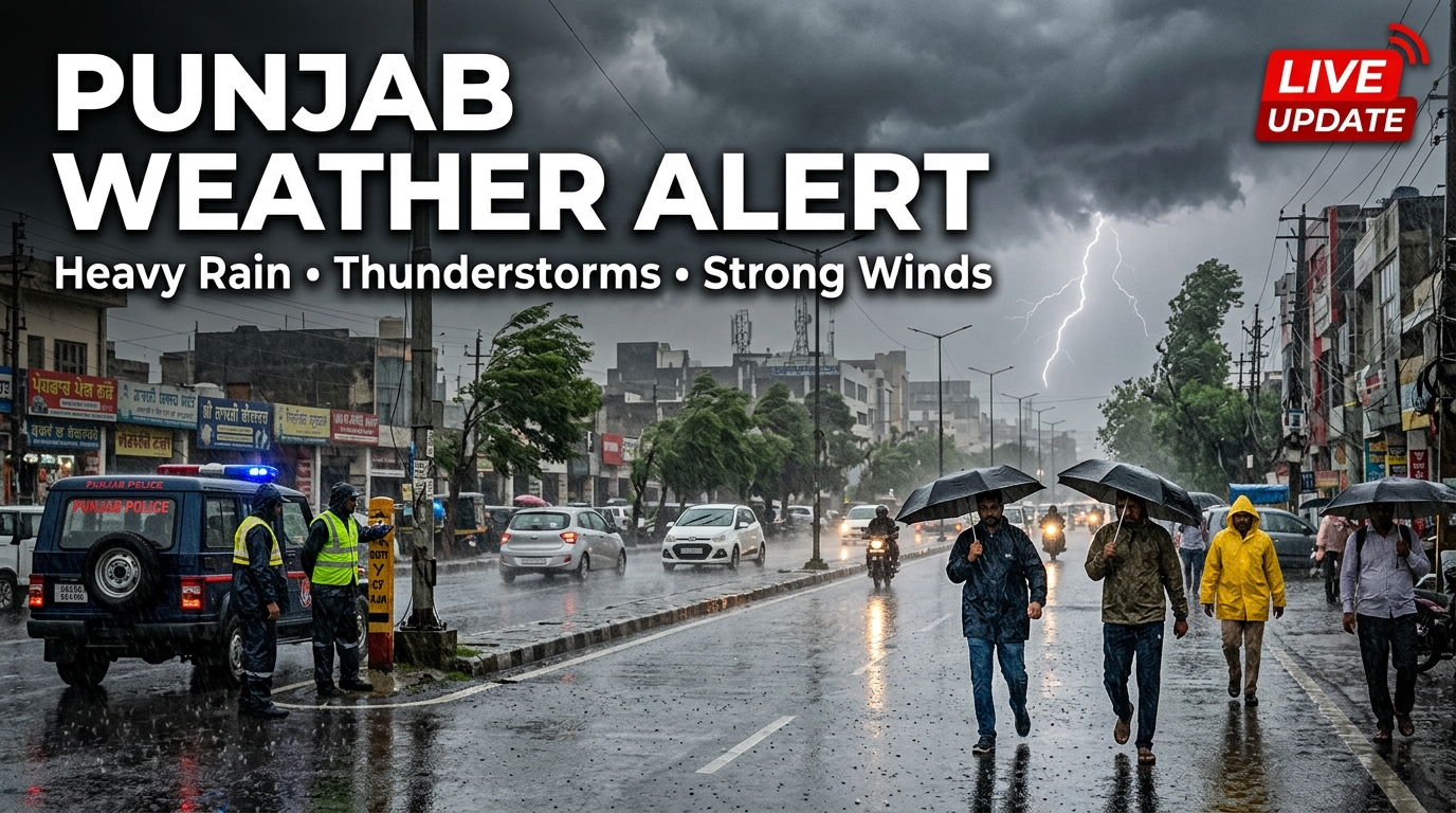 Realistic news-style YouTube thumbnail showing dark storm clouds over a Punjab city, heavy rainfall, strong winds bending trees, and people carrying umbrellas on wet streets. Emergency workers monitor weather conditions while vehicles move carefully through rain-soaked roads. Bold text reads "Punjab Weather Alert" with "Heavy Rain • Thunderstorms • Strong Winds" and a "Live Update" badge, highlighting severe weather warnings across Punjab.
