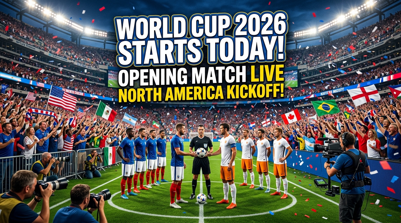 Realistic 2026 FIFA World Cup opening day scene in a packed North American football stadium featuring professional football players on the pitch, cheering fans waving international flags, bright stadium lights, broadcast cameras, and celebratory confetti. Bold headline text reads “WORLD CUP 2026 STARTS TODAY!” in a breaking-news YouTube thumbnail style.