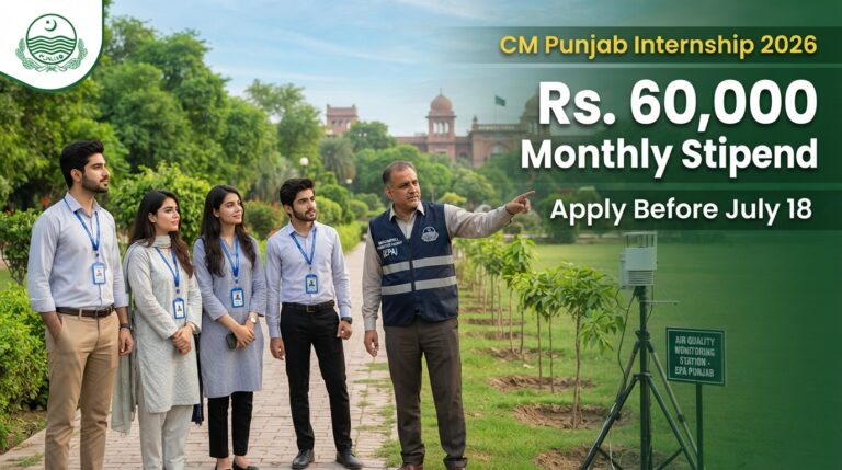 Real Pakistani university graduates participating in the CM Punjab Climate Leadership Development Internship Program 2026 with Environmental Protection Agency officers during a tree plantation and environmental monitoring activity in Punjab. The thumbnail highlights the Rs. 60,000 monthly stipend, July 18 application deadline, climate leadership training, youth employment opportunity, environmental protection, sustainability initiatives, and Punjab Government internship program for fresh graduates.